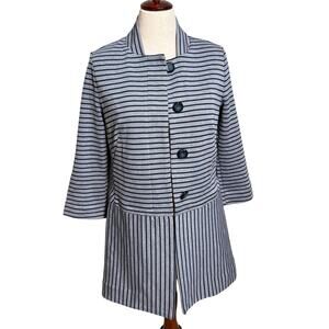 CAbi Car Coat gray and navy blue dappled stripe 3/4 sleeve stretch knit Sz S